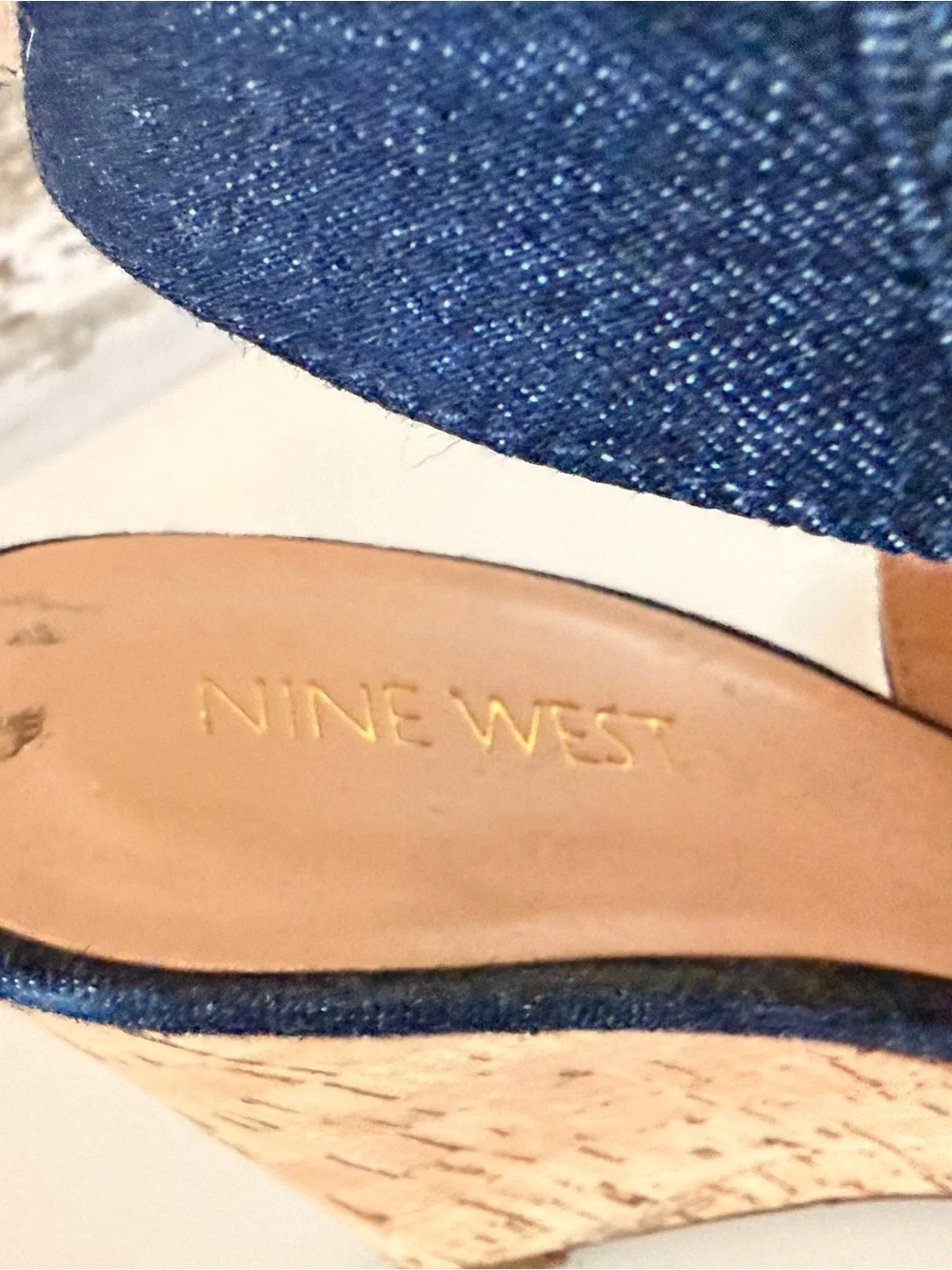 Nine West Denim Cork Wedge Peep-Toe Sandals - Dark Blue
